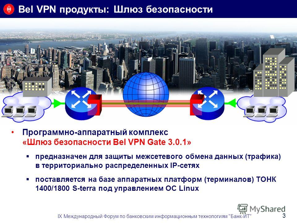 Bel VPN продукты: Шлюз безопасности Программно-аппаратный комплекс «Шлюз безопасности Bel VPN Gate 3.0.1» предназначен для защиты межсетевого обмена данных (трафика) в территориально распределенных IP-сетях поставляется на базе аппаратных платформ (т