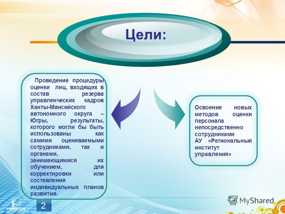 2 Цели: Проведение процедуры оценки лиц, входящих в состав резерва управленческих кадров Ханты-Мансийского автономного округа – Югры, результаты, которого могли бы быть использованы как самими оцениваемыми сотрудниками, так и органами, занимающимися 