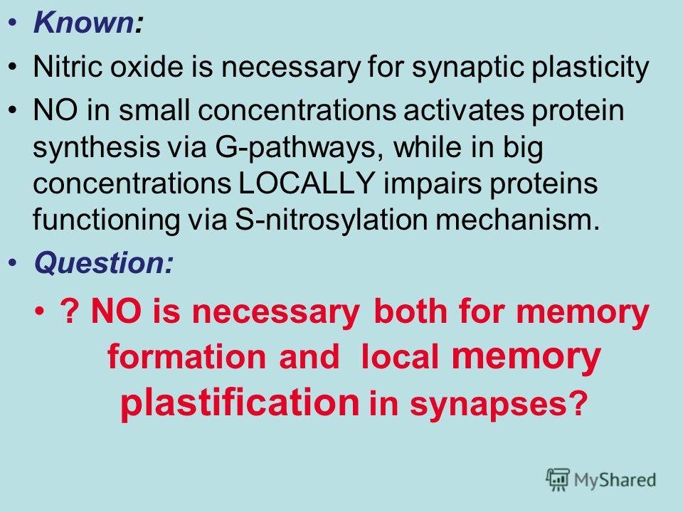 Known: Nitric oxide is necessary for synaptic plasticity NO in small concentrations activates protein synthesis via G-pathways, while in big concentrations LOCALLY impairs proteins functioning via S-nitrosylation mechanism. Question: ? NO is necessar