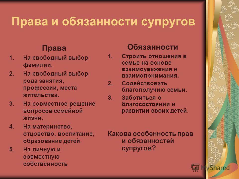 Примеры иллюстрирующих равенство прав супругов в семье
