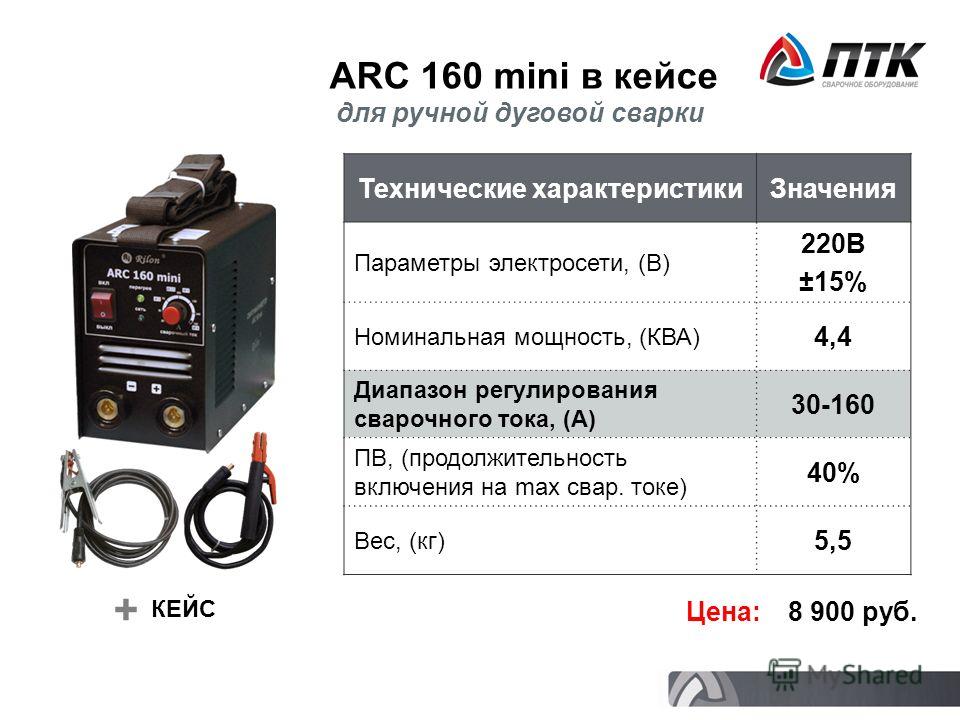 ARC 160 mini в кейсе Технические характеристикиЗначения Параметры электросети, (В) 220В ±15% Номинальная мощность, (КВА) 4,4 Диапазон регулирования сварочного тока, (А) 30-160 ПВ, (продолжительность включения на max свар. токе) 40% Вес, (кг) 5,5 Цена
