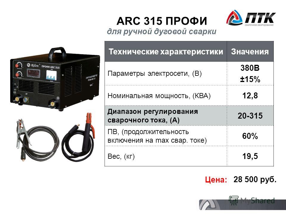 ARC 315 ПРОФИ Технические характеристикиЗначения Параметры электросети, (В) 380В ±15% Номинальная мощность, (КВА) 12,8 Диапазон регулирования сварочного тока, (А) 20-315 ПВ, (продолжительность включения на max свар. токе) 60% Вес, (кг) 19,5 Цена: 28 