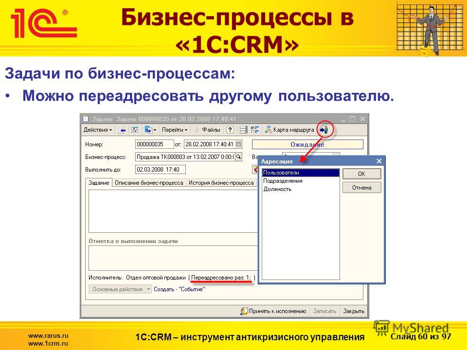 Слайд 60 из 97 www.rarus.ru www.1crm.ru 1С:CRM – инструмент антикризисного управления Бизнес-процессы в «1С:CRM» Задачи по бизнес-процессам: Можно переадресовать другому пользователю.