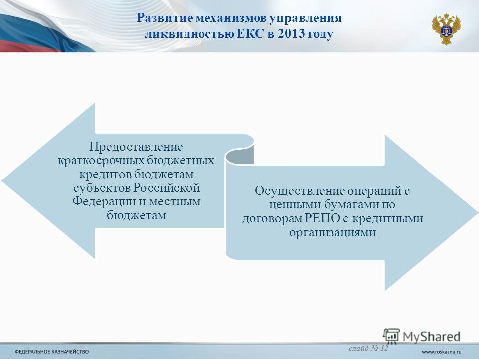 Развитие механизмов управления ликвидностью ЕКС в 2013 году слайд 12 Предоставление краткосрочных бюджетных кредитов бюджетам субъектов Российской Федерации и местным бюджетам Осуществление операций с ценными бумагами по договорам РЕПО с кредитными о