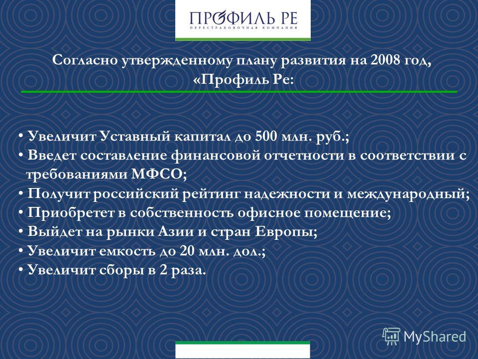 Согласно утвержденному плану развития на 2008 год, «Профиль Ре: Увеличит Уставный капитал до 500 млн. руб.; Введет составление финансовой отчетности в соответствии с требованиями МФСО; Получит российский рейтинг надежности и международный; Приобретет