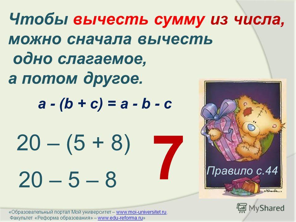 Свойства вычитания правила и примеры Презентация на тему: "Визуализация законов сложения и правило вычитания суммы из
