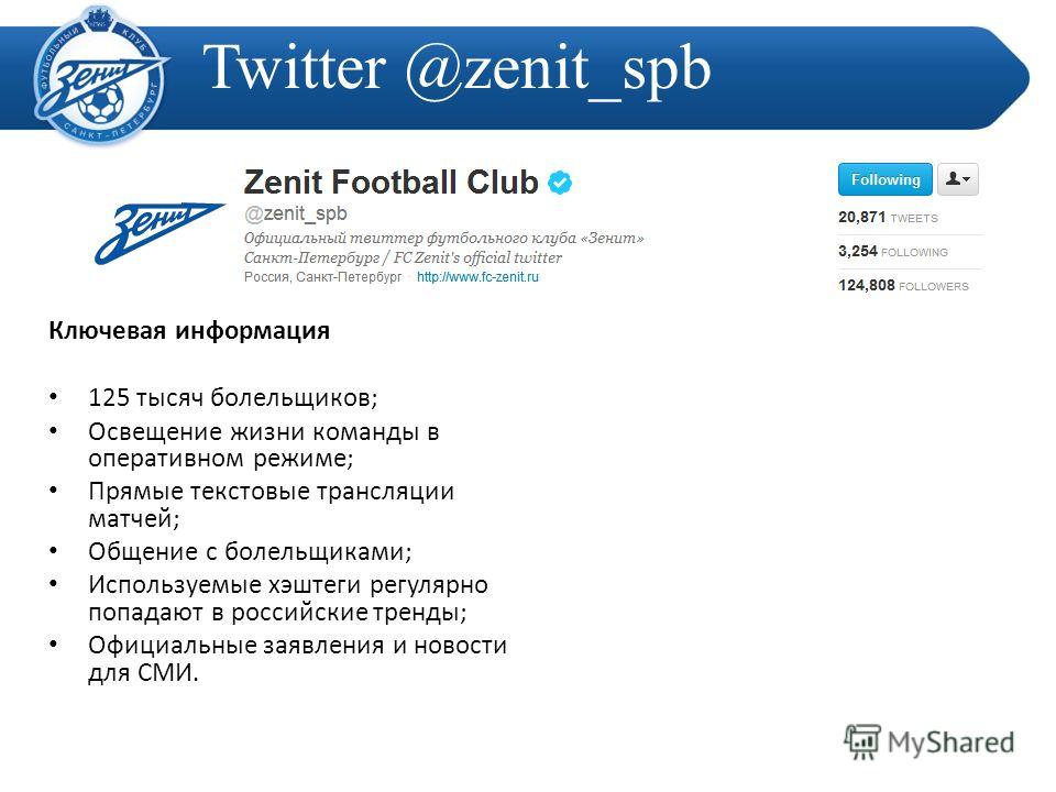 Twitter @zenit_spb Ключевая информация 125 тысяч болельщиков; Освещение жиз...