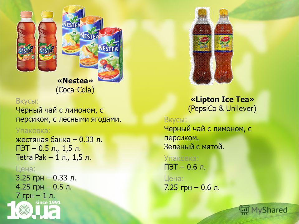 «Nestea» (Coca-Cola) Вкусы: Черный чай с лимоном, с персиком, с лесными ягодами. Упаковка: жестяная банка – 0.33 л. ПЭТ – 0.5 л., 1,5 л. Tetra Pak – 1 л., 1,5 л. Цена: 3.25 грн – 0.33 л. 4.25 грн – 0.5 л. 7 грн – 1 л. «Lipton Ice Tea» (PepsiCo & Unil