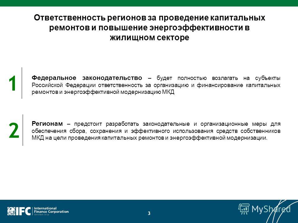 3 Ответственность регионов за проведение капитальных ремонтов и повышение энергоэффективности в жилищном секторе 1 2 Федеральное законодательство – будет полностью возлагать на субъекты Российской Федерации ответственность за организацию и финансиров