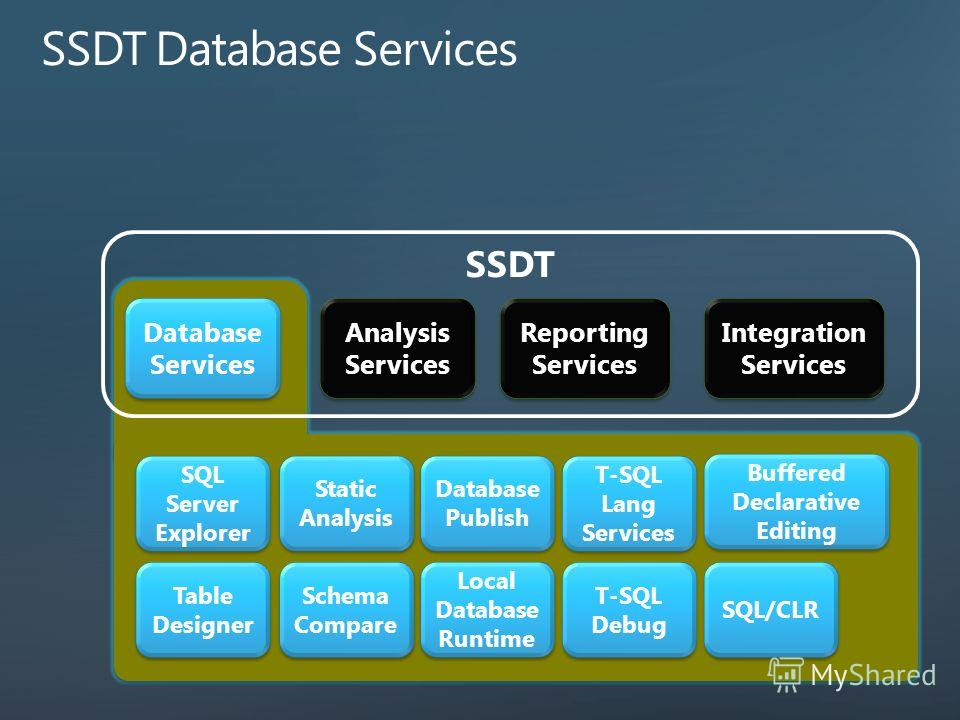 Database Services Database Services Analysis Services T-SQL Lang Services T-SQL Lang Services T-SQL Debug T-SQL Debug SQL Server Explorer SQL Server Explorer Database Publish Database Publish Table Designer Table Designer Buffered Declarative Editing