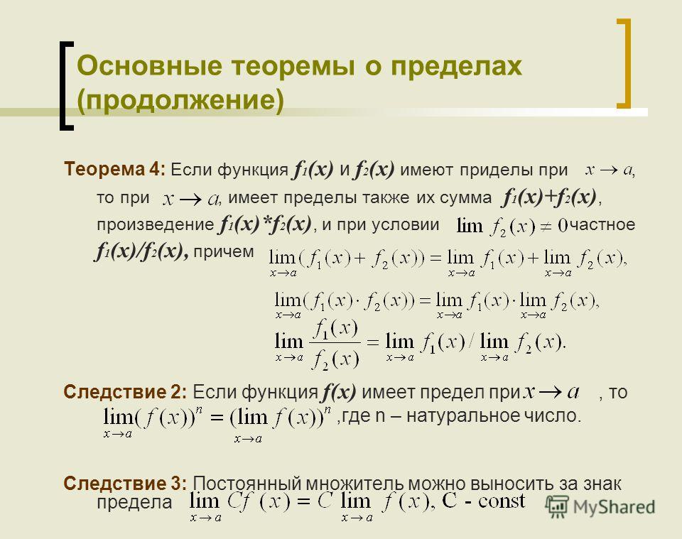 Основные теоремы о пределах (продолжение) Теорема 4: Если функция f 1 (x) и f 2 (x) имеют приделы при, то при, имеет пределы также их сумма f 1 (x)+f 2 (x), произведение f 1 (x)*f 2 (x), и при условии частное f 1 (x)/f 2 (x), причем Следствие 2: Если