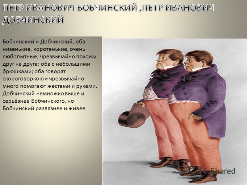 Бобчинский и Добчинский, оба низенькие, коротенькие, очень любопытные; чрезвычайно похожи друг на друга: оба с небольшими брюшками; оба говорят скорог