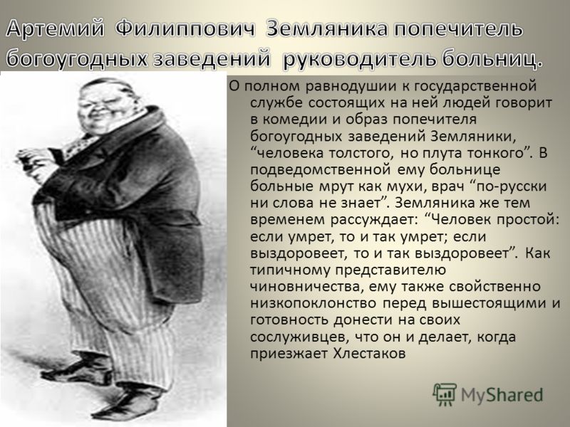 О полном равнодушии к государственной службе состоящих на ней людей говорит в комедии и образ попечителя богоугодных заведений Земляники, человека тол