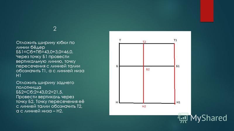 2 Отложить ширину юбки по линии бёдер ББ1=Сб+Пб=43,0+3,0=46,0. Через точку Б1 провести вертикальную линию, точку пересечения с линией талии обозначить Т1, а с линией низа Н1 Отложить ширину заднего полотнища ББ2=Сб:2=43,0:2=21,5. Провести вертикаль ч