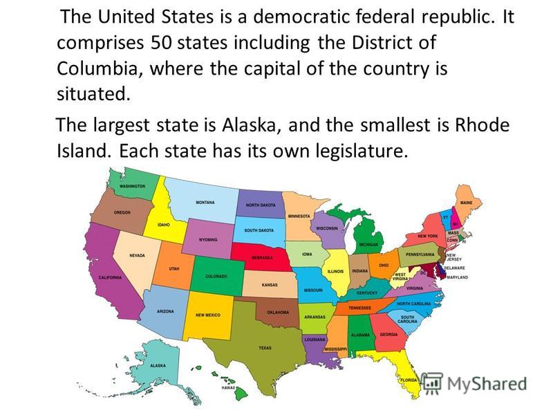 It comprises 50 states including the District of Columbia, where the capita...