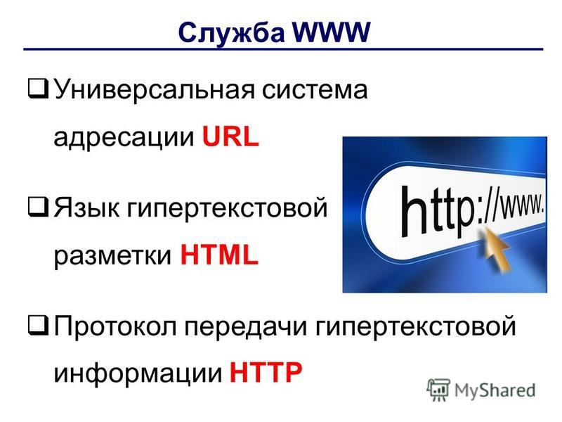 Служба WWW Универсальная система адресации URL Язык гипертекстовой разметки HTML Протокол передачи гипертекстовой информации HTTP