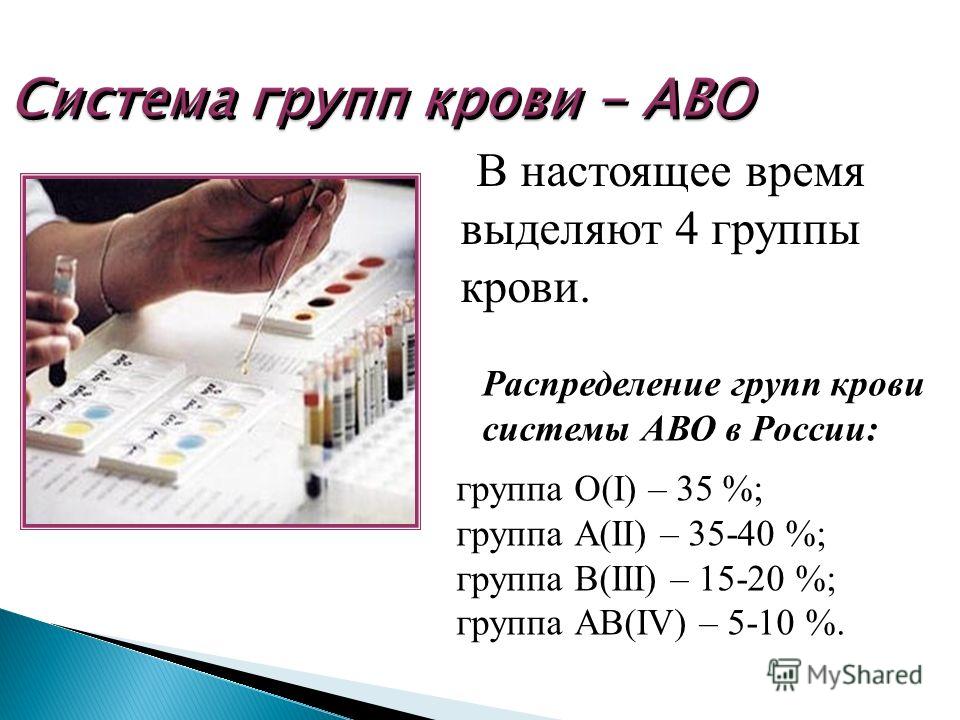 В настоящее время выделяют 4 группы крови. Распределение групп крови системы АВО в России: группа О(I) – 35 %; группа А(II) – 35-40 %; группа В(III) –