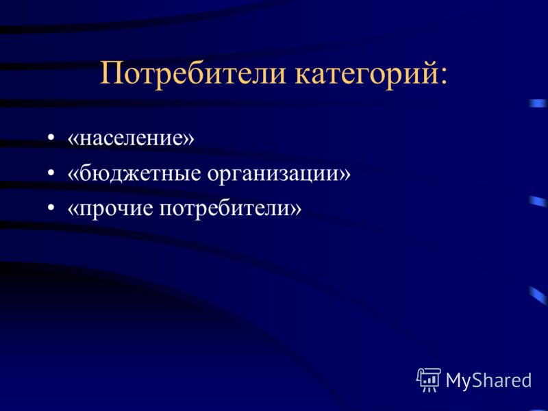Потребители категорий: «население» «бюджетные организации» «прочие потребители»