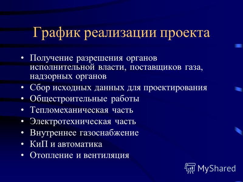 График реализации проекта Получение разрешения органов исполнительной власти, поставщиков газа, надзорных органов Сбор исходных данных для проектирова