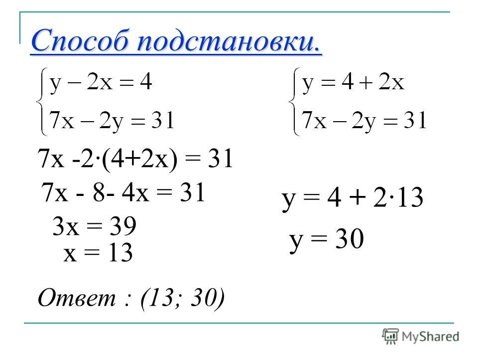 Способ подстановки. 7х -2·(4+2x) = 31 7x - 8- 4x = 31 3x = 39 x = 13 y = 4 + 2·13 y = 30 Ответ : (13; 30)