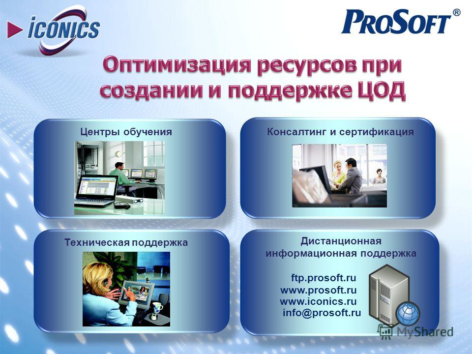 Техническая поддержка Оптимизация ресурсов при создании и поддержке ЦОД Центры обученияКонсалтинг и сертификация Дистанционная информационная поддержка ftp.prosoft.ru www.prosoft.ru www.iconics.ru info@prosoft.ru