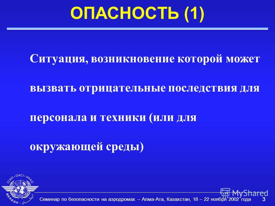 Семинар по безопасности на аэродромах – Алма-Ата, Казахстан, 18 – 22 ноября 2002 года 3 ОПАСНОСТЬ (1) Ситуация, возникновение которой может вызвать отрицательные последствия для персонала и техники (или для окружающей среды)