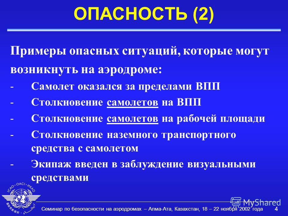 Семинар по безопасности на аэродромах – Алма-Ата, Казахстан, 18 – 22 ноября 2002 года 4 ОПАСНОСТЬ (2) Примеры опасных ситуаций, которые могут возникнуть на аэродроме: -Самолет оказался за пределами ВПП -Столкновение самолетов на ВПП -Столкновение сам