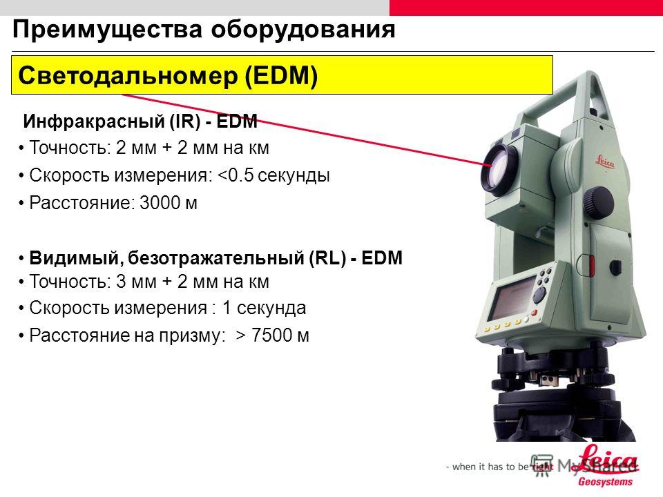 Преимущества оборудования Инфракрасный (IR) - EDM Точность: 2 мм + 2 мм на км Скорость измерения:  7500 м Светодальномер (EDM)