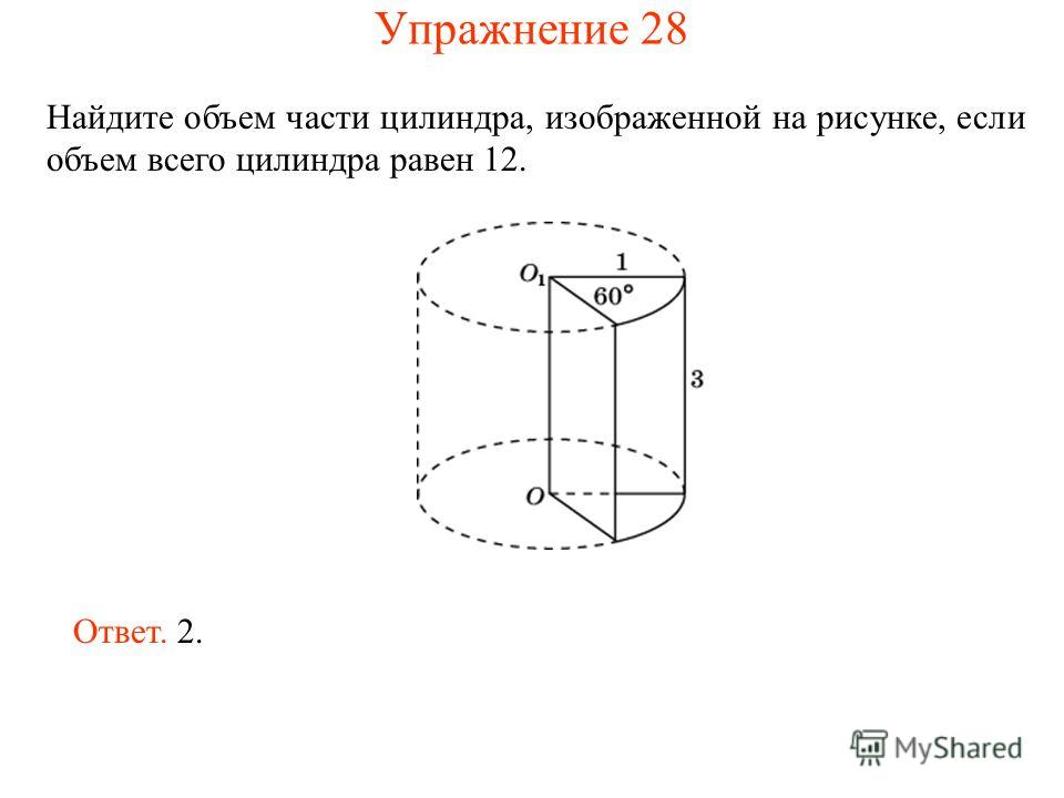 Найдите объем части цилиндра, изображенной на рисунке, если объем всего цилиндра равен 12. Ответ. 2. Упражнение 28