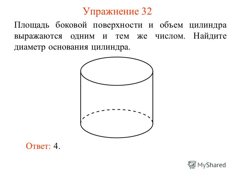 Упражнение 32 Площадь боковой поверхности и объем цилиндра выражаются одним и тем же числом. Найдите диаметр основания цилиндра. Ответ: 4.