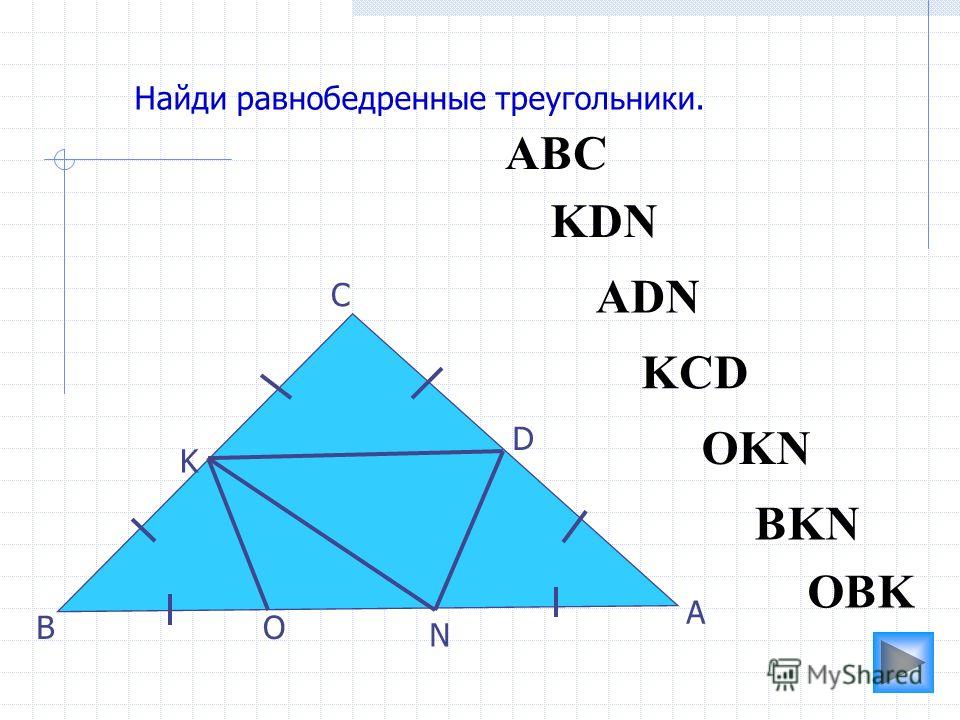 АВС O N K D С В А Найди равнобедренные треугольники. ADN OBK KCD KDN BKN OKN