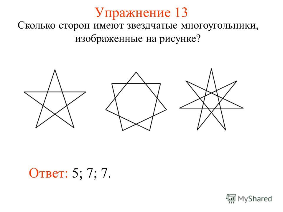 Упражнение 13 Сколько сторон имеют звездчатые многоугольники, изображенные на рисунке? Ответ: 5; 7; 7.