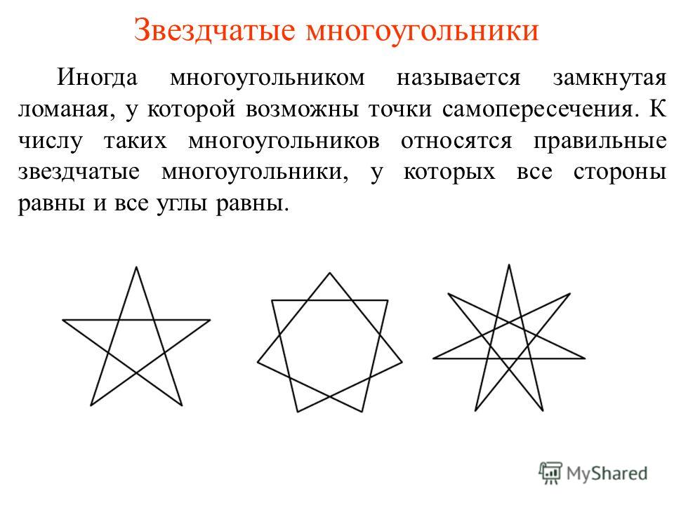 Звездчатые многоугольники Иногда многоугольником называется замкнутая ломаная, у которой возможны точки самопересечения. К числу таких многоугольников относятся правильные звездчатые многоугольники, у которых все стороны равны и все углы равны.