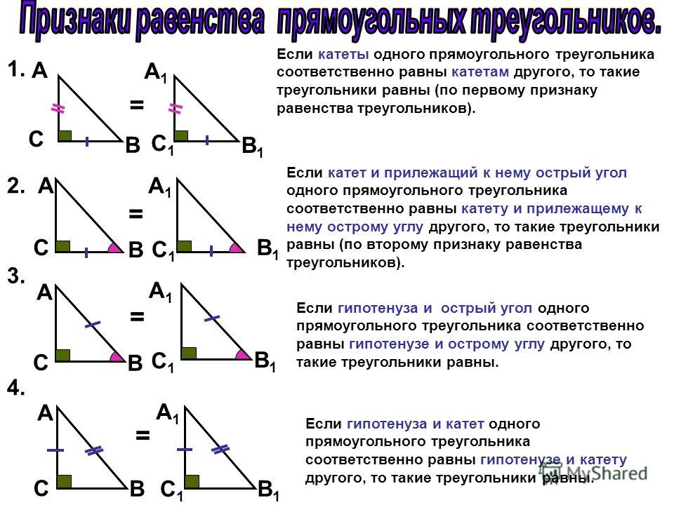 А C B А1А1 C1C1 B1B1 1. = 2. А C B А1А1 C1C1 = B1B1 Если катеты одного прямоугольного треугольника соответственно равны катетам другого, то такие треугольники равны (по первому признаку равенства треугольников). Если катет и прилежащий к нему острый 