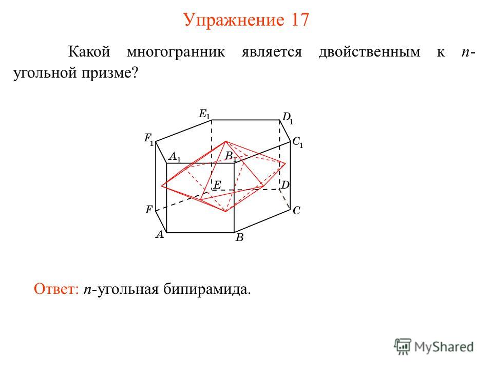 Упражнение 17 Какой многогранник является двойственным к n- угольной призме? Ответ: n-угольная бипирамида.