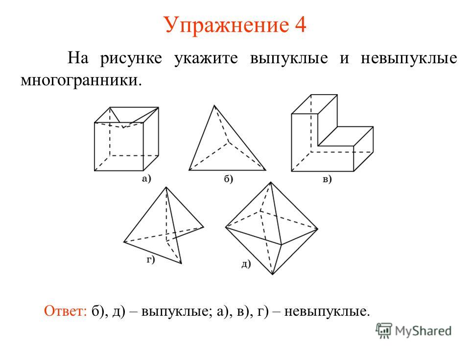 Упражнение 4 На рисунке укажите выпуклые и невыпуклые многогранники. Ответ: б), д) – выпуклые; а), в), г) – невыпуклые.