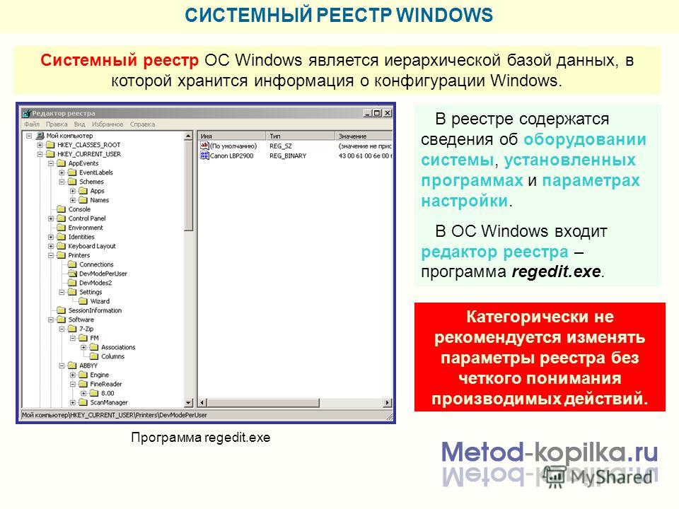 СИСТЕМНЫЙ РЕЕСТР WINDOWS Системный реестр ОС Windows является иерархической базой данных, в которой хранится информация о конфигурации Windows. В реестре содержатся сведения об оборудовании системы, установленных программах и параметрах настройки. В 