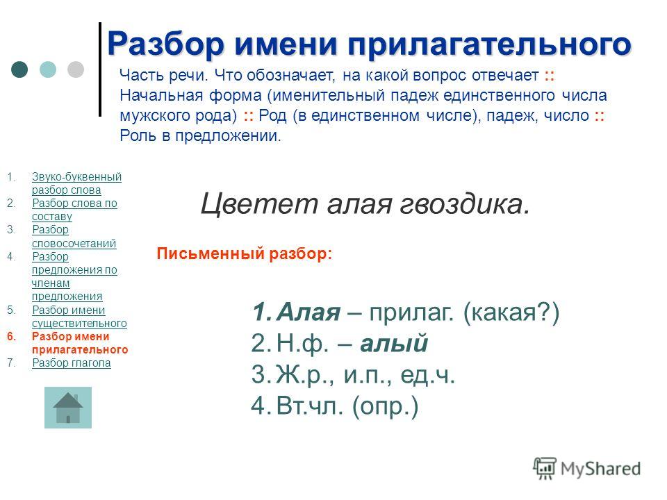 Письменный разбор: 1.Алая – прилаг. (какая?) 2.Н.ф. – алый 3.Ж.р., и.п., ед.ч. 4.Вт.чл. (опр.) Разбор имени прилагательного Цветет алая гвоздика. Часть речи. Что обозначает, на какой вопрос отвечает :: Начальная форма (именительный падеж единственног