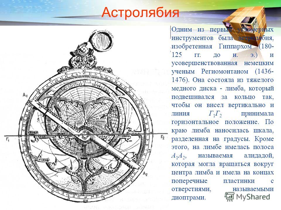 Астролябия Одним из первых угломерных инструментов была астролябия, изобретенная Гиппархом (180- 125 гг. до н. э.) и усовершенствованная немецким ученым Региомонтаном (1436- 1476). Она состояла из тяжелого медного диска - лимба, который подвешивался 