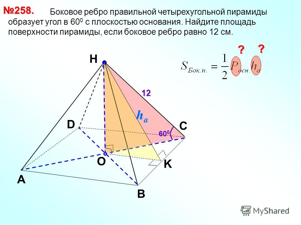 D Н O А B 258. С Боковое ребро правильной четырехугольной пирамиды образует угол в 60 0 с плоскостью основания. Найдите площадь поверхности пирамиды, если боковое ребро равно 12 см. 60 0 12? ? K hahahaha