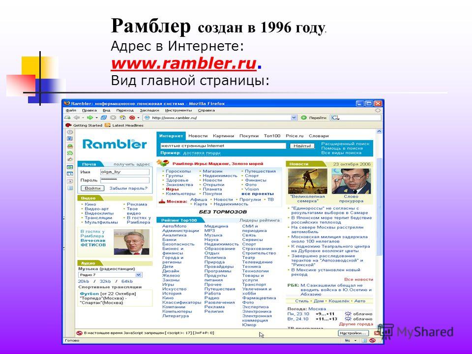 Рамблер создан в 1996 году. Адрес в Интернете: www.rambler.ru. www.rambler.ru Вид главной страницы: