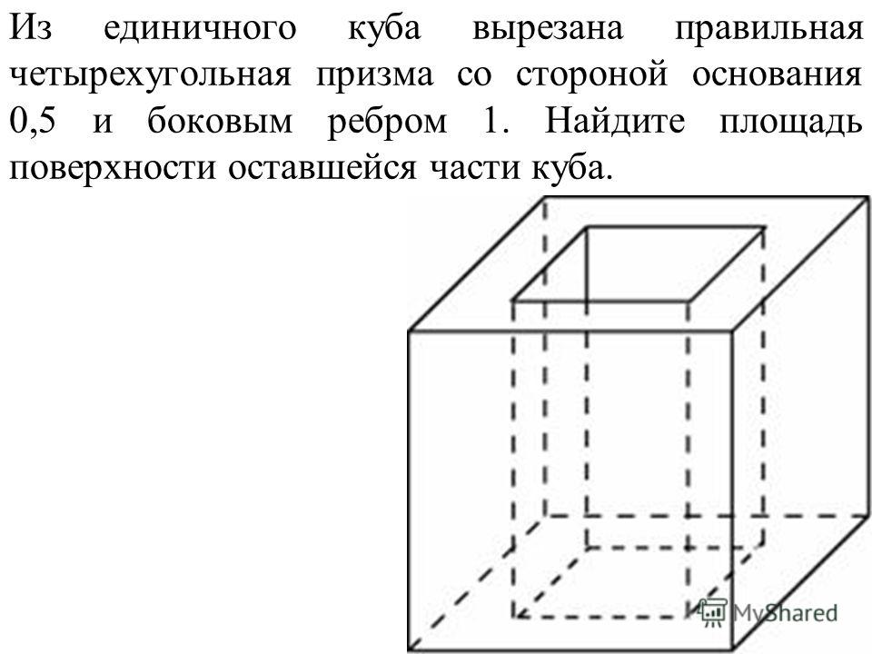 Из единичного куба вырезана правильная четырехугольная призма со стороной основания 0,5 и боковым ребром 1. Найдите площадь поверхности оставшейся части куба.