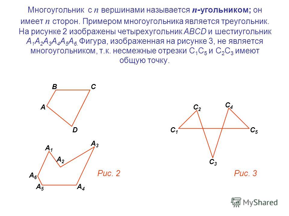 Многоугольник с п вершинами называется п - угольником; он имеет п сторон. Примером многоугольника является треугольник. На рисунке 2 изображены четырехугольник АВСD и шестиугольник А 1 А 2 А 3 А 4 А 5 А 6. Фигура, изображенная на рисунке 3, не являет