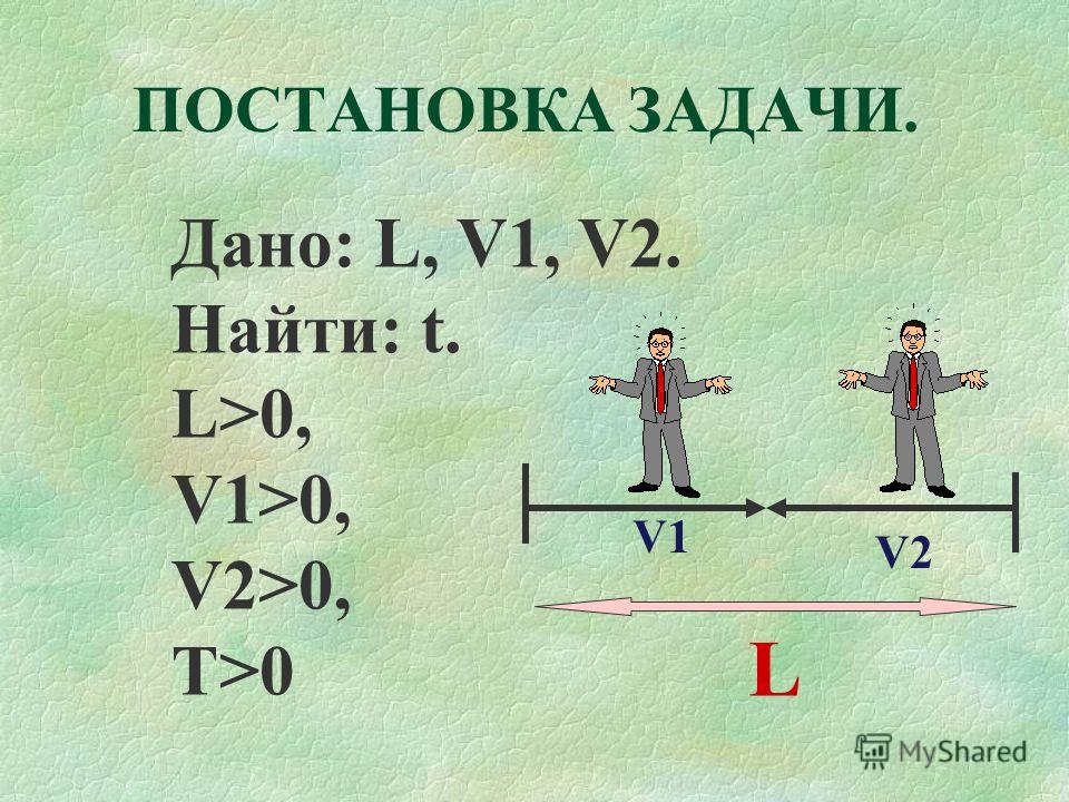 ЗАДАЧА Определить время встречи двух пешеходов, идущих навстречу друг другу, если известно, что расстояние между пешеходами L, скорость первого пешехода V1, скорость второго пешехода V2.