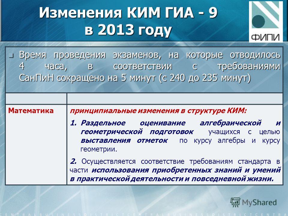 Изменения КИМ ГИА - 9 в 2013 году Время проведения экзаменов, на которые отводилось 4 часа, в соответствии с требованиями СанПиН сокращено на 5 минут (с 240 до 235 минут) Время проведения экзаменов, на которые отводилось 4 часа, в соответствии с треб