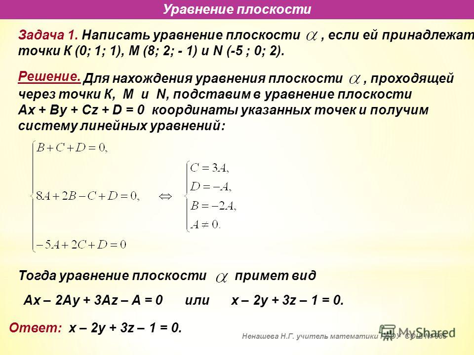 Уравнение плоскости по трем точкам пример