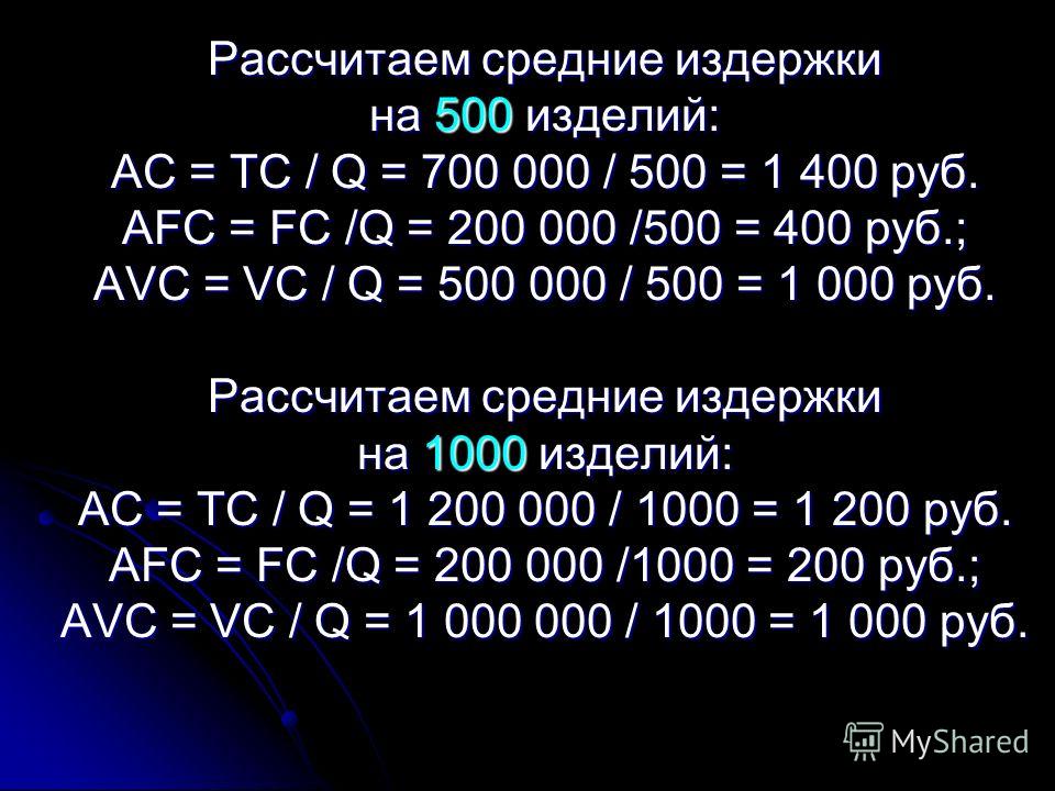 Рассчитаем средние издержки на 500 изделий: АС = ТС / Q = 700 000 / 500 = 1 400 руб. AFC = FC /Q = 200 000 /500 = 400 руб.; AVC = VC / Q = 500 000 / 500 = 1 000 руб. Рассчитаем средние издержки на 1000 изделий: АС = ТС / Q = 1 200 000 / 1000 = 1 200 