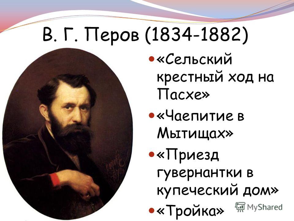 В. Г. Перов (1834-1882) «Сельский крестный ход на Пасхе» «Чаепитие в Мытищах» «Приезд гувернантки в купеческий дом» «Тройка»