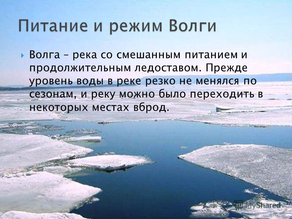 Волга – река со смешанным питанием и продолжительным ледоставом. Прежде уровень воды в реке резко не менялся по сезонам, и реку можно было переходить в некоторых местах вброд.