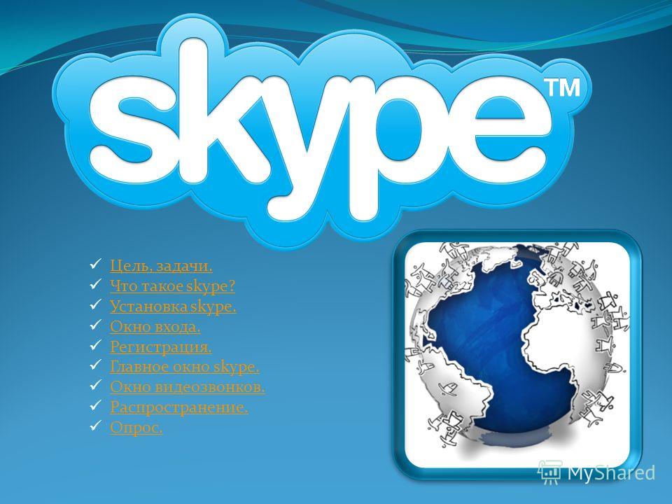Цель, задачи. Что такое skype? Что такое skype? Установка skype. Установка skype. Окно входа. Регистрация. Главное окно skype. Главное окно skype. Окно видеозвонков. Распространение. Опрос.
